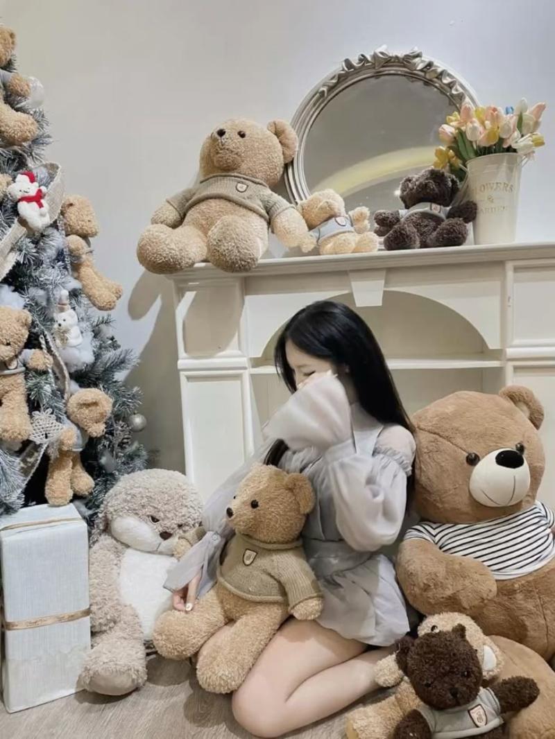 Ảnh gái xinh che mặt bằng tay trái trong căn phòng gấu bông