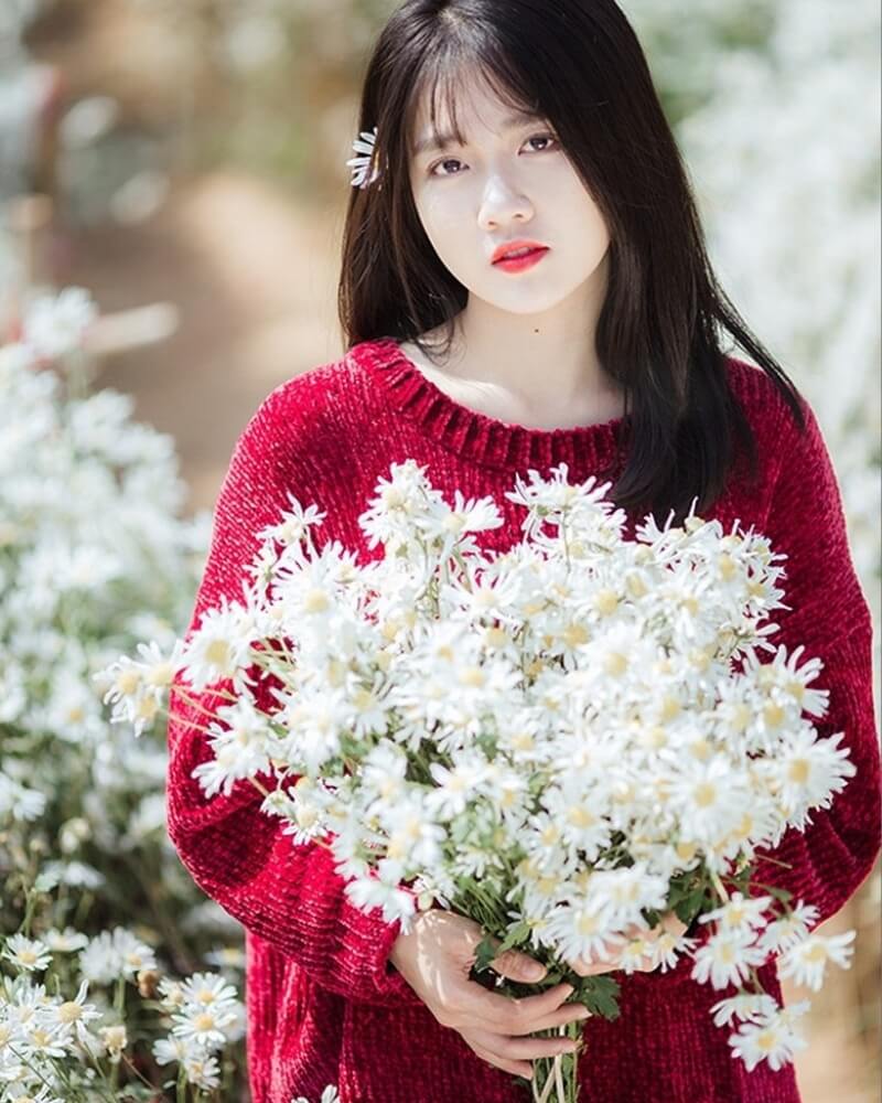 Ảnh gái xinh cute tay cầm bó hoa cúc họa mi