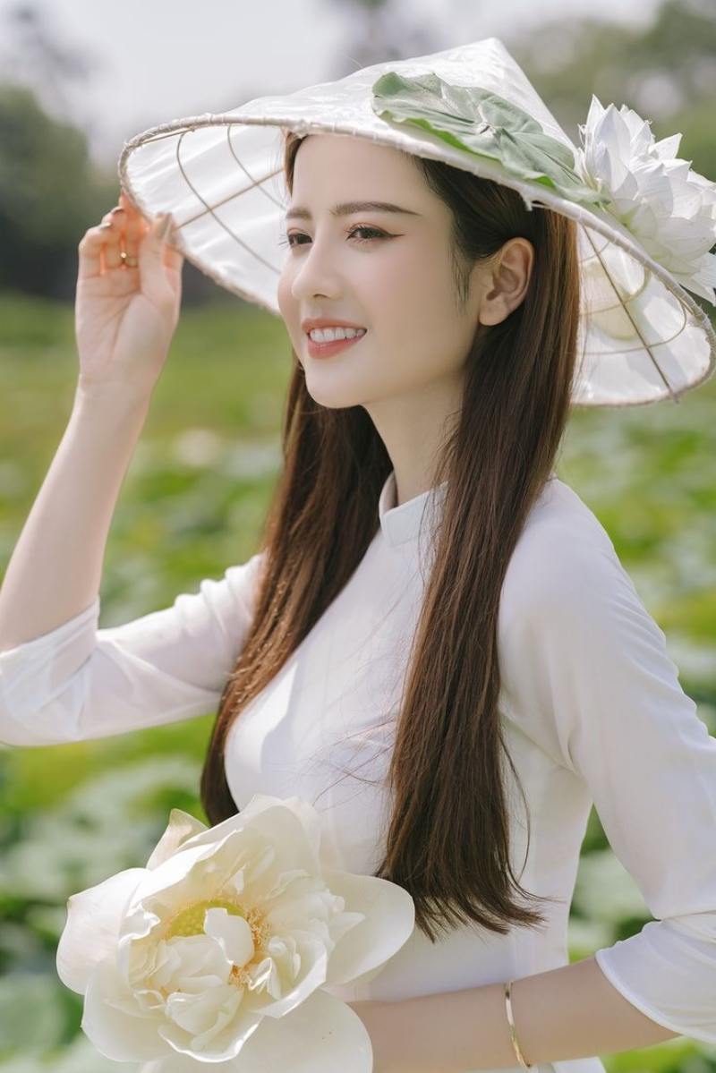 Gái xinh áo dài trắng đội nón lá tay cầm hoa