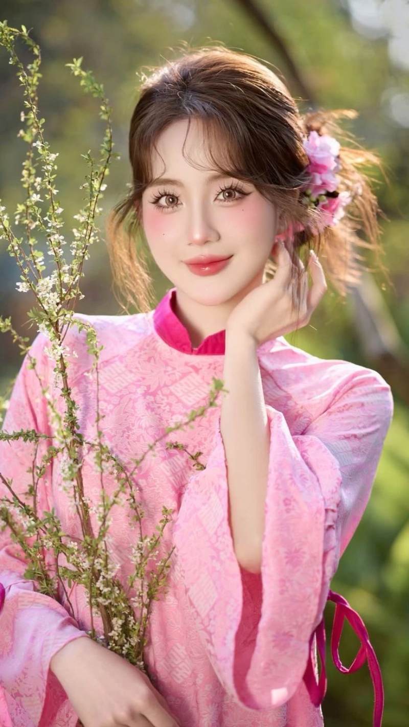 Gái xinh áo dài hồng cầm nhánh hoa