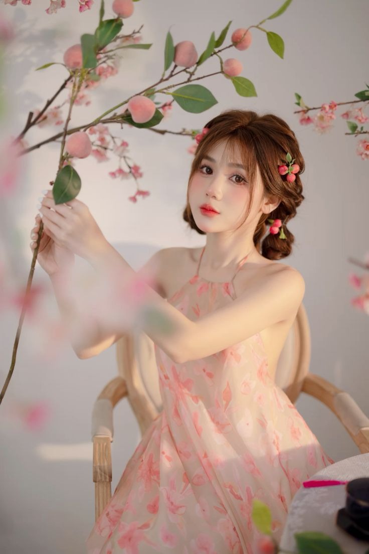 Ảnh gái xinh Douyin mặc váy ngồi trên ghế, tay cầm nhánh cây đào Ảnh gái xinh Douyin mặc váy ngồi trên ghế, tay cầm nhánh cây đào