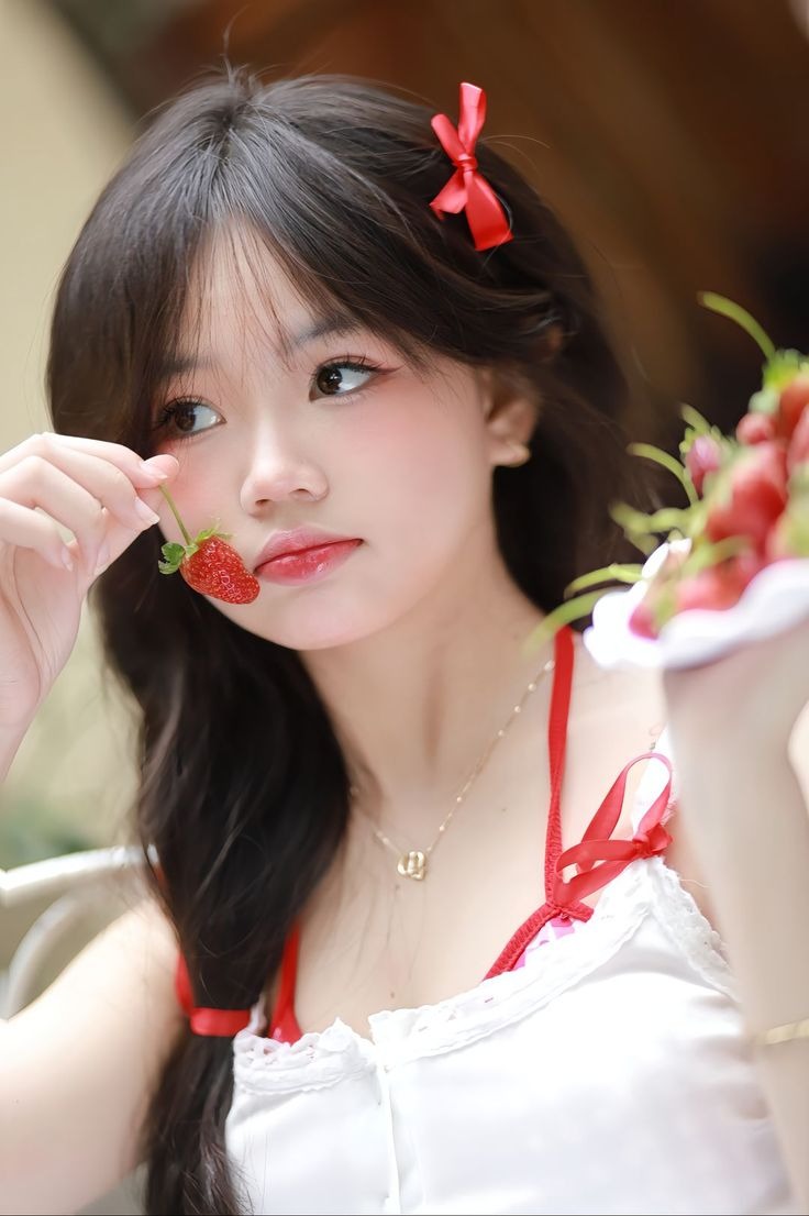Ảnh gái xinh Douyin tay cầm quà dâu tây chạm vào môi Ảnh gái xinh Douyin tay cầm quà dâu tây chạm vào môi