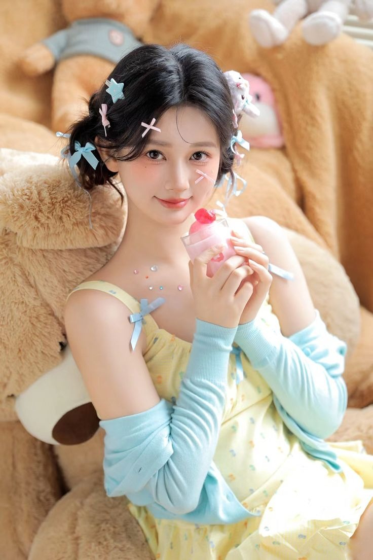 Ảnh gái xinh Douyin tay cầm ly kem tựa lưng vào gấu bông Ảnh gái xinh Douyin tay cầm ly kem tựa lưng vào gấu bông