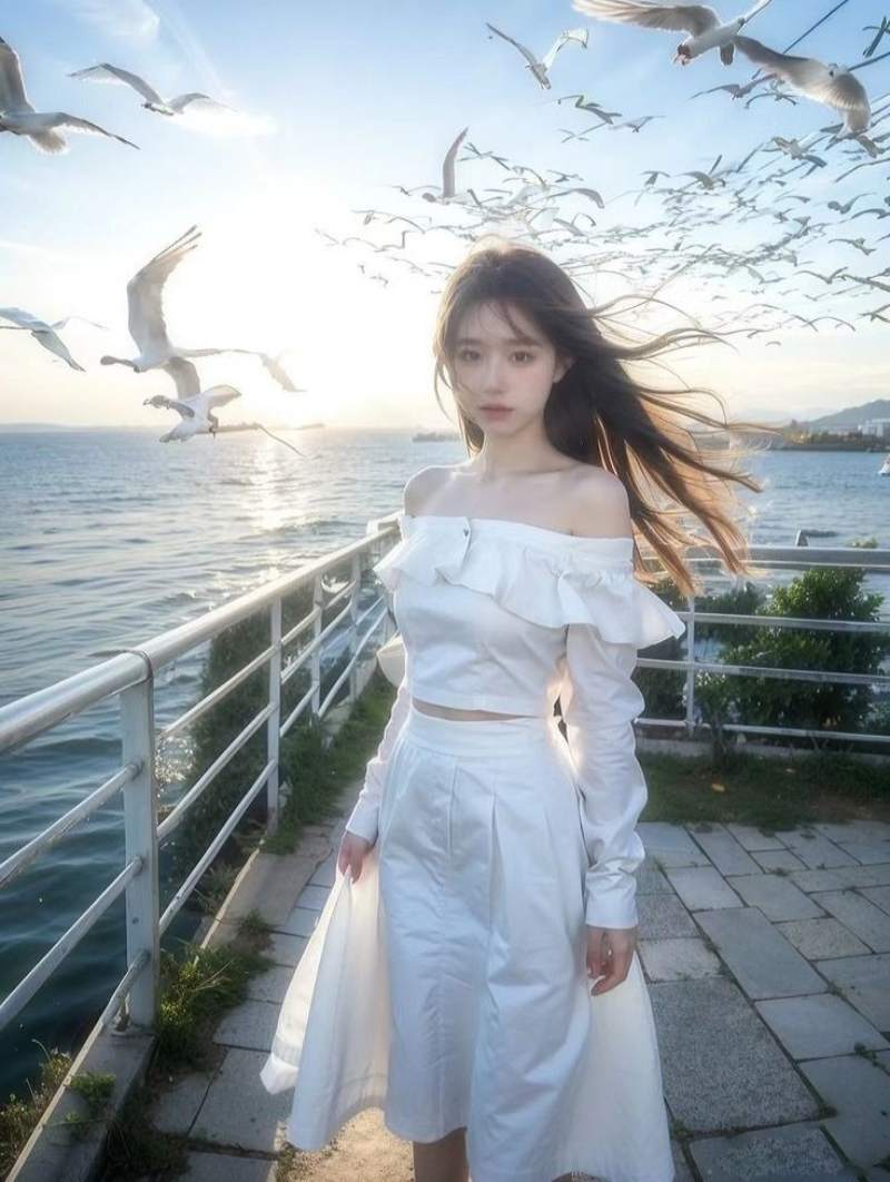 Ảnh gái xinh Trung Quốc mặc váy trắng dưới đàn hải âu
