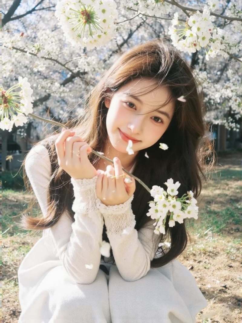 Ảnh gái xinh Trung Quốc ngồi cầm nhành hoa trắng