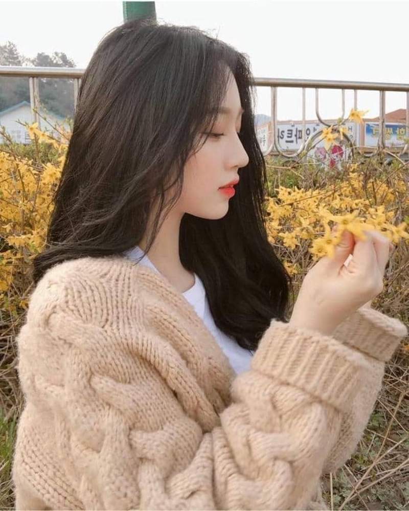 Gái xinh Hàn Quốc cute tay cầm bông hoa Gái xinh Hàn Quốc cute tay cầm bông hoa